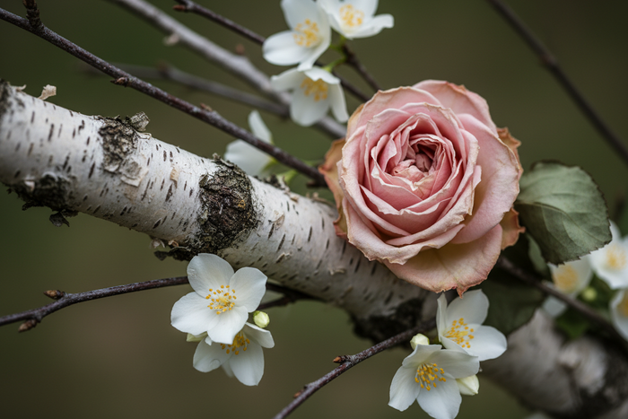 rose, dry birch, and jasmine. close up.