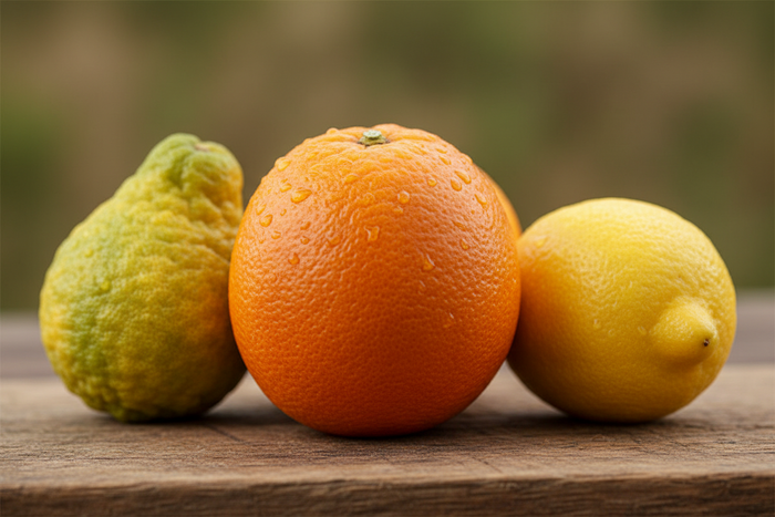 Sicilian orange, Calabrian bergamot, and Sicilian lemon. close up.